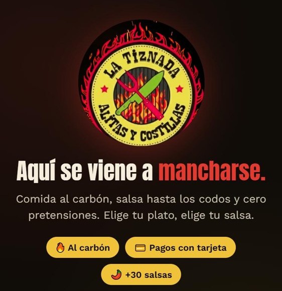 Menú digital de La Tiznada abierto en un celular: logo y el mensaje «Aquí se viene a mancharse».
