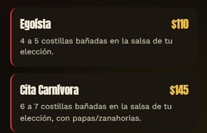 Costillas con su descripción y su precio: Egoísta $110 y Cita Carnívora $145.