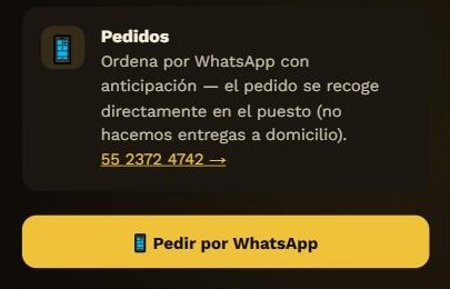 Botón amarillo «Pedir por WhatsApp» al final de la sección de contacto.