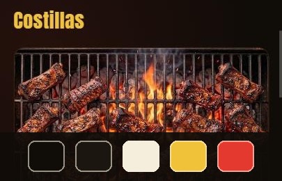Menú de La Tiznada: el título Costillas en amarillo sobre fondo oscuro y la paleta de colores del menú: negro, café oscuro, crema, amarillo y rojo.